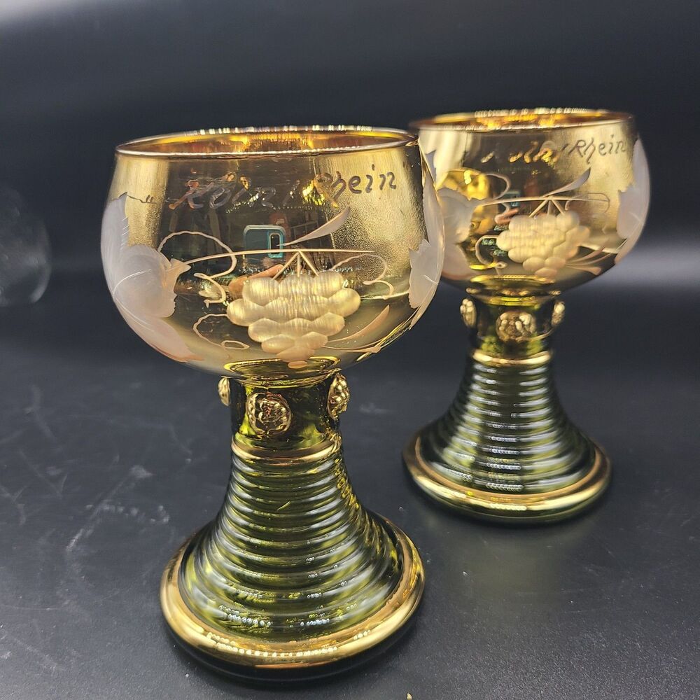 Vintage Set (2) German Romer wine glasses Green Gold Etched Grapes Leaves